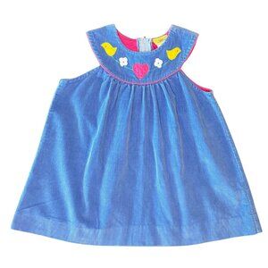 Frog Legs Toddler Corduroy Dress | Size 3T | Blue Sleeveless w/ Bird & Heart Ap